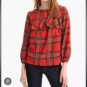NWT J. Crew Tartan Flannel Ruffle Trim Long Sleeve Popover Top Size XXS